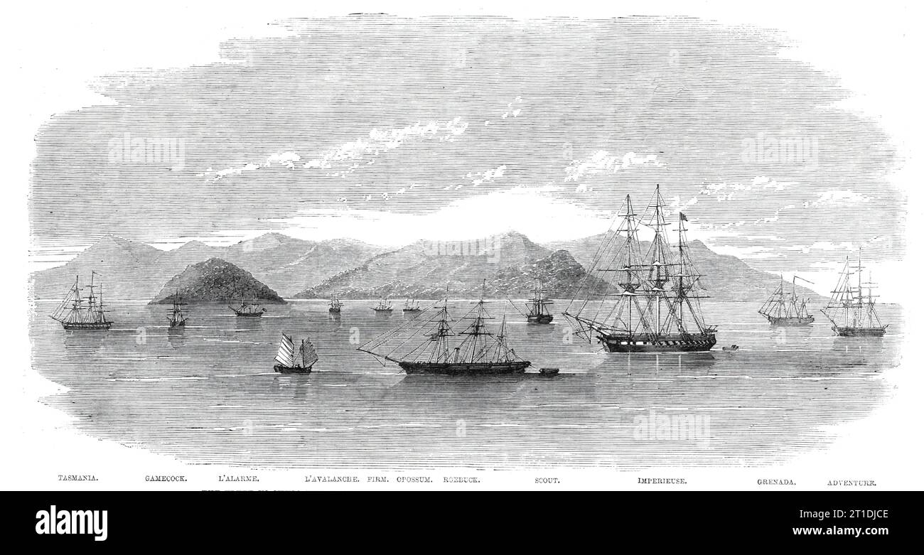 La flotta in Cina al comando dell'ammiraglio Jones si riunì al largo di Kintang prima dell'occupazione di Chusan nel 1860. Incisione da uno schizzo di Lieut. H. E. Sturt, a bordo dell'Imperieuse. 'Kintang, o Isola d'Argento, al largo della quale la flotta sotto l'ammiraglio Jones, C.B., assemblata prima dell'occupazione di Chusan, fa parte di un gruppo di isole vicino alla costa orientale della Cina. La flotta era composta dalla Imperieuse, nave di bandiera, 51 cannoni; scout, 21; Pearl, 21; Roebuck, spedizioniere; azienda, opossum, cannoniere; Duchayla, fregata francese; l'Alarme e l'Avalanche, cannoniere francesi; la Grenada, con a bordo il generale si Foto Stock