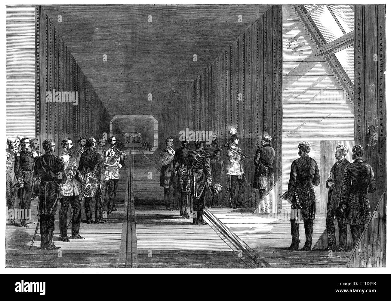 Il Principe di Galles chiude l'ultimo rivetto del Victoria Tubular Bridge sul St. Lawrence - da uno schizzo del nostro artista speciale in Canada, G. H. Andrews, 1860. "Il Principe, dopo aver posato l'ultima pietra del gigantesco molo, è entrato nell'auto e ha attraversato il ponte per eseguire la seconda parte di questa duplice cerimonia... nessuno poteva guardare giù su questo grande fiume, e poi guardate lungo i lati del tubo di ferro che si rastremava ad ogni estremità in lontananza fino a quando sembrava una semplice canna di metallo, senza sentirsi stupiti non solo come un progetto del genere sia mai stato realizzato, ma anche come potrebbe mai essere stato realizzato Foto Stock