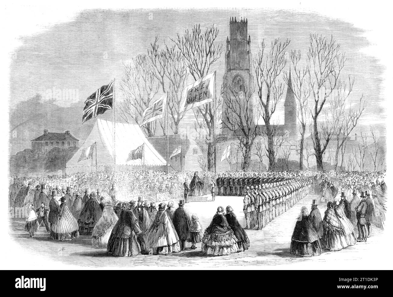 Presentazione di una tromba d'argento al corpo d'artiglieria e di una tromba d'argento al corpo dei fucili, a Boston, 1860. Evento che si tiene nel parco del maggiore Hopkins. "La signora Little ha detto... "ho il piacere di presentarmi davanti a voi per presentarvi queste testimonianze di apprezzamento per il modo in cui vi siete fatti avanti al richiamo del vostro Paese. Essi esprimono l'interesse che noi, in comune con tutte le nostre connazionali, proviamo per il successo di questo movimento patriottico, che ha richiamato l'ammirazione della nostra sovrana stessa... Capitano bianco: Vi presento wi Foto Stock