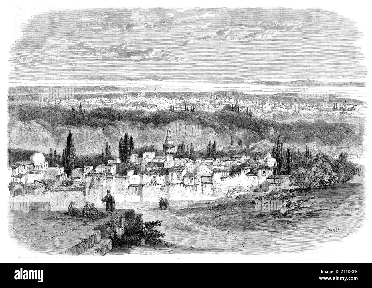 Veduta di Damasco dalla collina di Salahiyeh - da un disegno di E. Harker, 1860. Damasco... e' una delle prospettive piu' belle e suggestive del mondo, e, guardando da questo punto la splendida citta' racchiusa nella sua veste verdeggiante, possiamo apprezzare i sentimenti del profeta, il quale, volgendo dalle sue fascinazioni per cercare le sabbie arenate e le rocce ardenti della sua nativa Arabia, dichiarò Damasco "troppo delizioso" per la dimora dell'uomo. L’uomo, disse, poteva avere solo un paradiso, ed era saggio che non cercava il suo paradiso sulla terra”. Da "Illustrated London News&quo Foto Stock