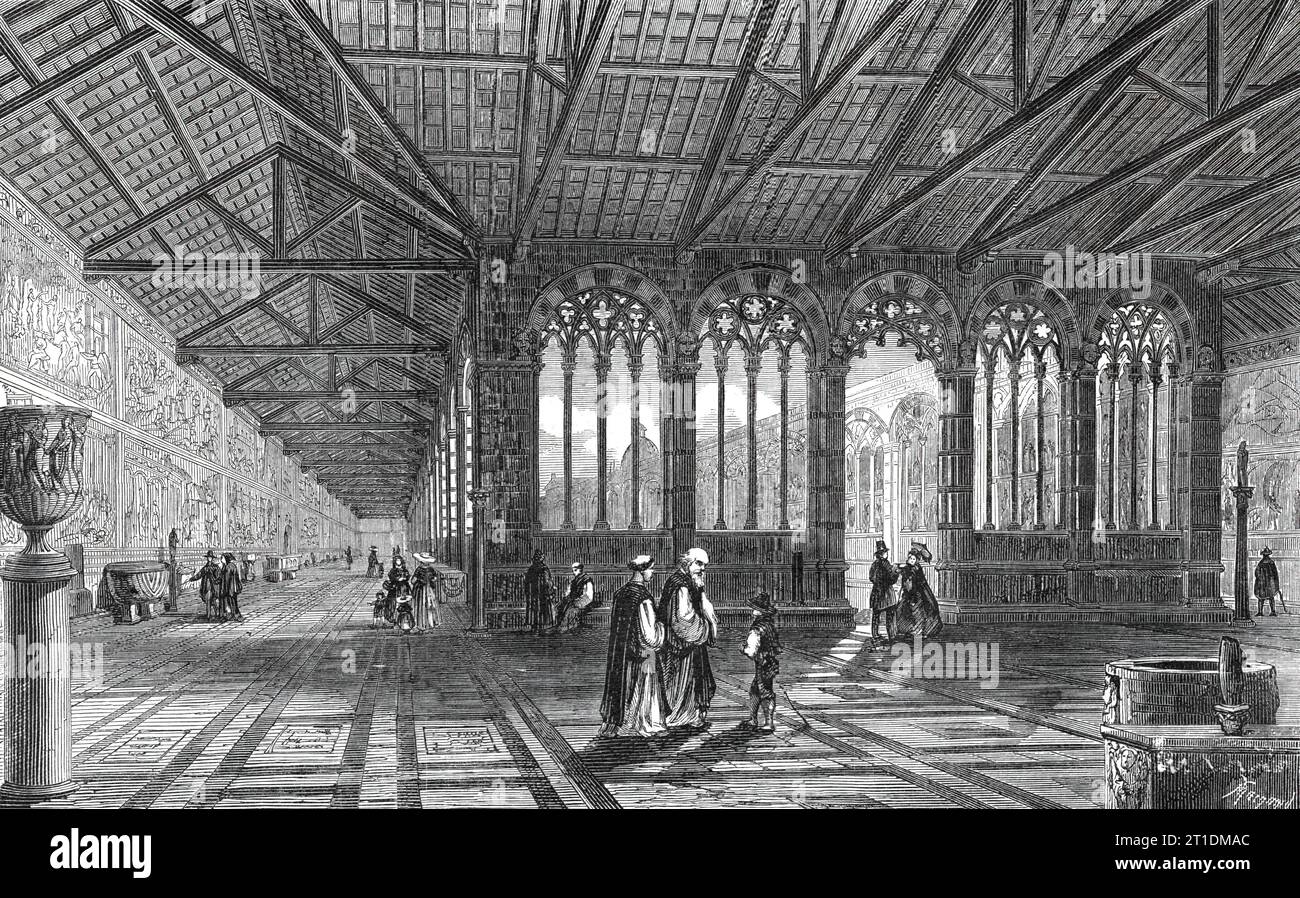 Campo Santo, o Cimitero, Pisa, 1860. Questo famoso cimitero fu fondato dall'Arcivescovo Ubaldo, alla fine del XII secolo, che, con la sua espulsione dalla Palestina da Saladino, prese... una quantità di terra dal Monte Calvario. Si dice che questa terra abbia la peculiare proprietà di ridurre a polvere in ventiquattro ore i corpi ivi sepolti. Acquistò il sito dell'attuale edificio, e lì depositò la terra, ma la struttura non fu iniziata fino al 1278... [c'è] un portico o un chiostro che corre tutto l'interno ... come sarà notato, il tracciato degli archi del chiostro è Foto Stock