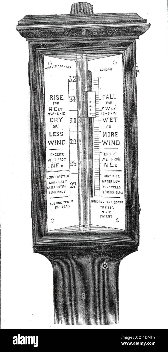 Barometri per stazioni di imbarcazioni di salvataggio, 1860. "L'attenzione pubblica è stata spesso richiamata all'uso inestimabile di un barometro per indicare una tempesta imminente. Non capita di rado che un barometro dia un avviso di una burrasca due o tre giorni prima che abbia effettivamente luogo. Sembra chiaro che con tali poteri messi provvidenzialmente nelle nostre mani, le calamità che ora subiscono i nostri pescatori e le nostre montagne russe potrebbero in molti casi essere evitate. Un buon barometro in una situazione pubblica li avvertirebbe in tempo su cosa aspettarsi, e quindi potrebbero spesso essere in grado di evitare le terribili conseguenze di Foto Stock