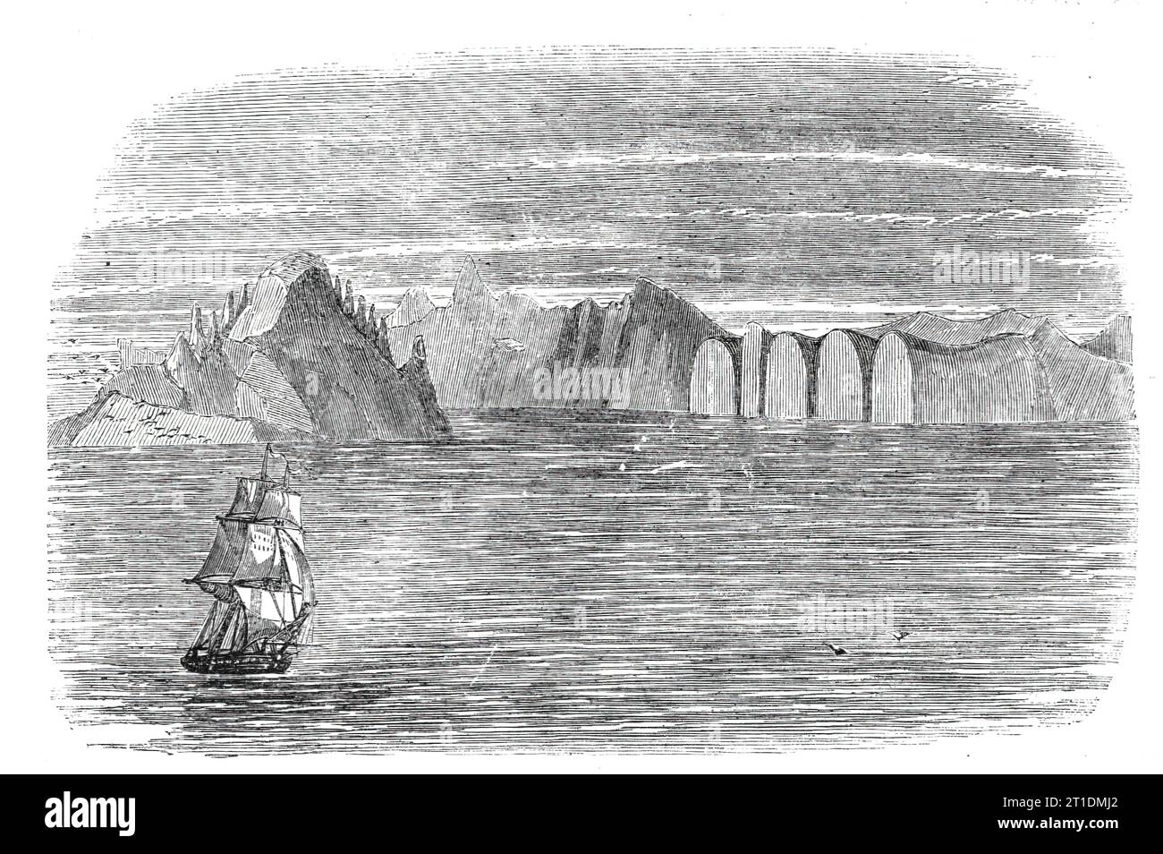 The North Atlantic Telegraph - Cape Farewell, South Greenland, 1860. Cape Farewell si trova all'estremità sud-occidentale della Groenlandia. Shallenhook è l'estremità sud-orientale, ed è la parte più meridionale della Groenlandia. Il Capo è composto da alte catene montuose. I fiordi profondi la penetrano con lati alti diverse centinaia di piedi e quasi perpendicolari. Le rocce assomigliano a guglie o minareti. Sembrano molto cupi, e sono calcolati per spaventare l'osservatore e dare un triste pensiero a tutta la Groenlandia”. Da "Illustrated London News", 1860. Foto Stock