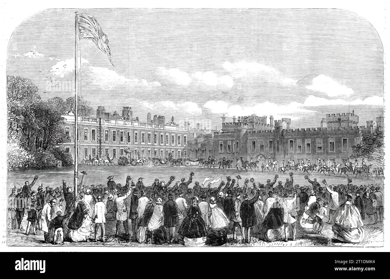 The Review of Lancashire Rifle Volunteers in Knowsley Park - il conte e la contessa di Derby lasciando Knowsley Hall per la recensione, 1860. "Le truppe, che ammontavano a circa 11.000 uomini, erano tutte riunite e avevano preso posizione in linea, il fronte del quale si estendeva lungo l'orlo dell'altura su cui si formavano... tutto ora era aspettativa per l'inizio del procedimento che aveva disegnato tali numeri - numeri variamente calcolati da 150.000 a 200.000 persone - insieme. All'improvviso, l'union Jack fu issato sul flagstaff a Knowsley. Era il segnale che Sir G. W. Foto Stock