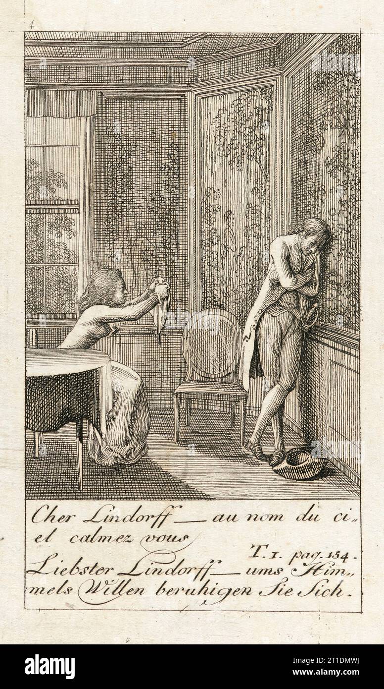 Illustrazione per 'Caroline of Lichtfield', 1786.romanzo melodrammatico del XVIII secolo più venduto internazionale tradotto dal francese. Foto Stock