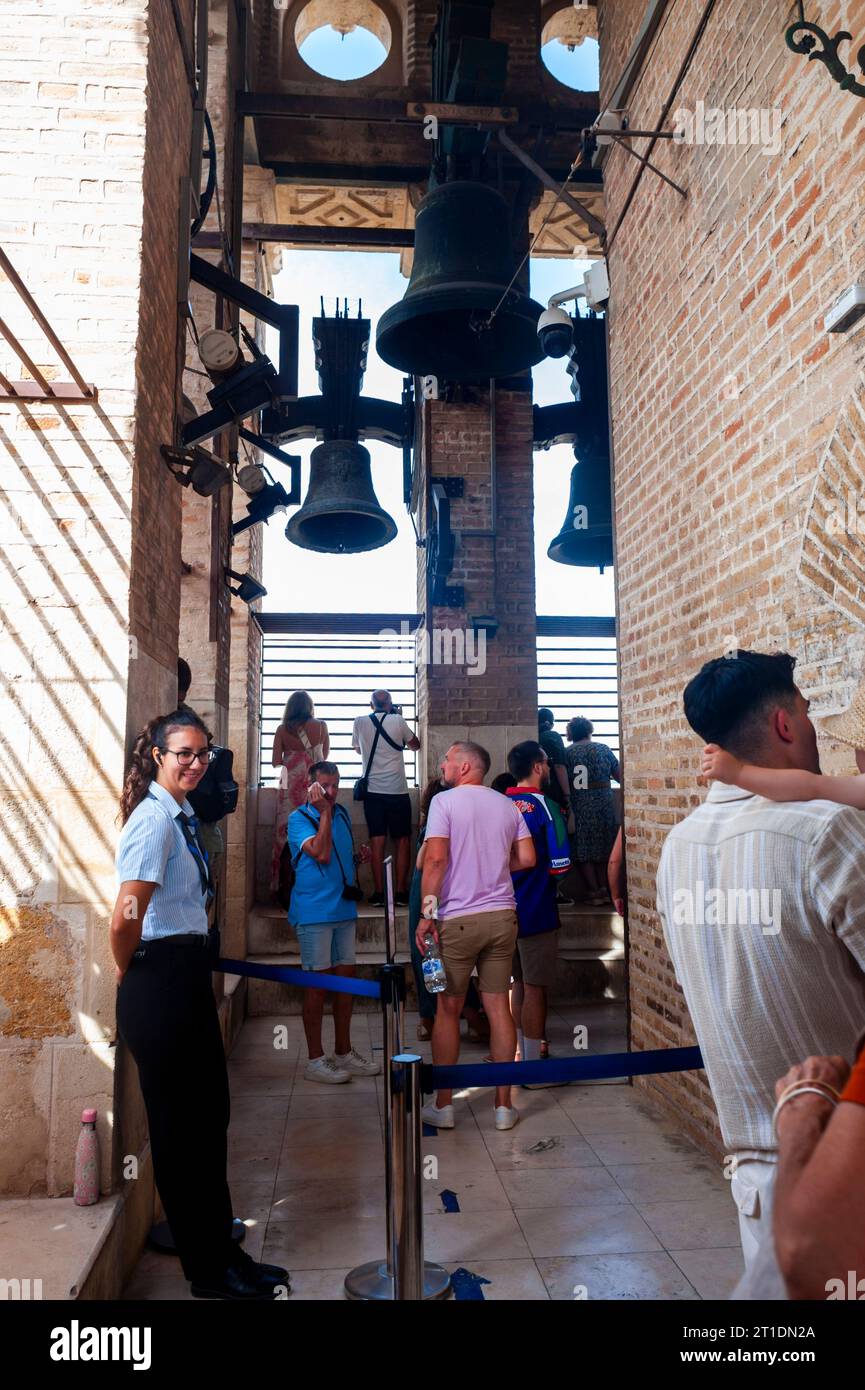Siviglia, Spagna, gruppo medio di persone, turisti che visitano l'interno, Torre, che guarda all'esterno della finestra, "Cattedrale di Santa Maria del SEE", Foto Stock