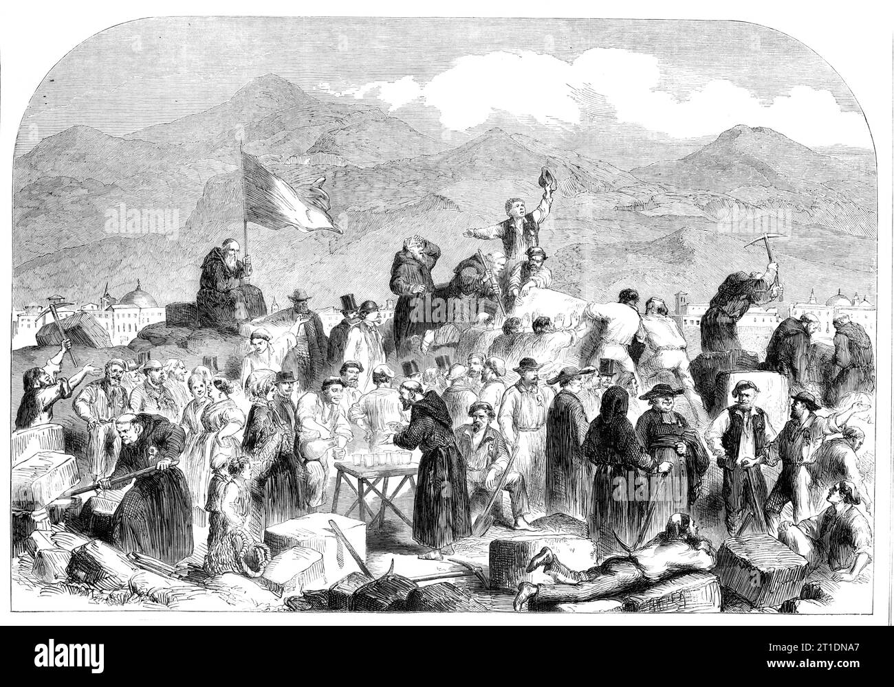 La Rivoluzione in Sicilia - i siciliani demoliscono il forte di Castellamare a Palermo - da uno schizzo di T. Nast, 1860. Si ricorda che la demolizione del forte di Castellamare fu decretata qualche tempo fa. Il 3 luglio un certo numero di palermitani - soldati, sacerdoti, contadini, donne e bambini - guidati da una banda di musica, sono andati a demolire le opere in questione, e per diversi giorni hanno lavorato a questo compito con grande benevolenza - ricordi vivaci del fuoco omicida di colpi e conchiglie che erano stati recentemente riversati nella loro devoto città dimostrando un forte colpo di fulmine Foto Stock