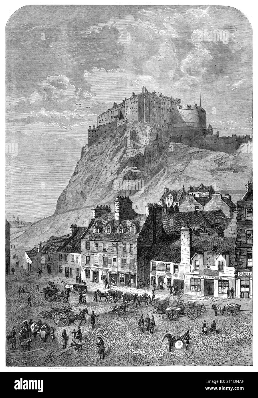 Castello di Edimburgo, dal Corn Exchange, nel Grassmarket, 1860. Il castello è costituito da una serie di fortificazioni irregolari, e anche se, prima dell'invenzione della polvere da sparo, potrebbe essere considerato inespugnabile, ora è un luogo di forza più apparente che reale. Può essere avvicinata solo sul lato orientale. Gli altri tre lati sono molto precipitosi; circa parts...being più che perpendicolari. La sua altitudine è di 383 metri sopra il livello del mare, e da varie parti delle fortificazioni si può ottenere una magnifica vista del paese circostante. Contiene la sistemazione Foto Stock