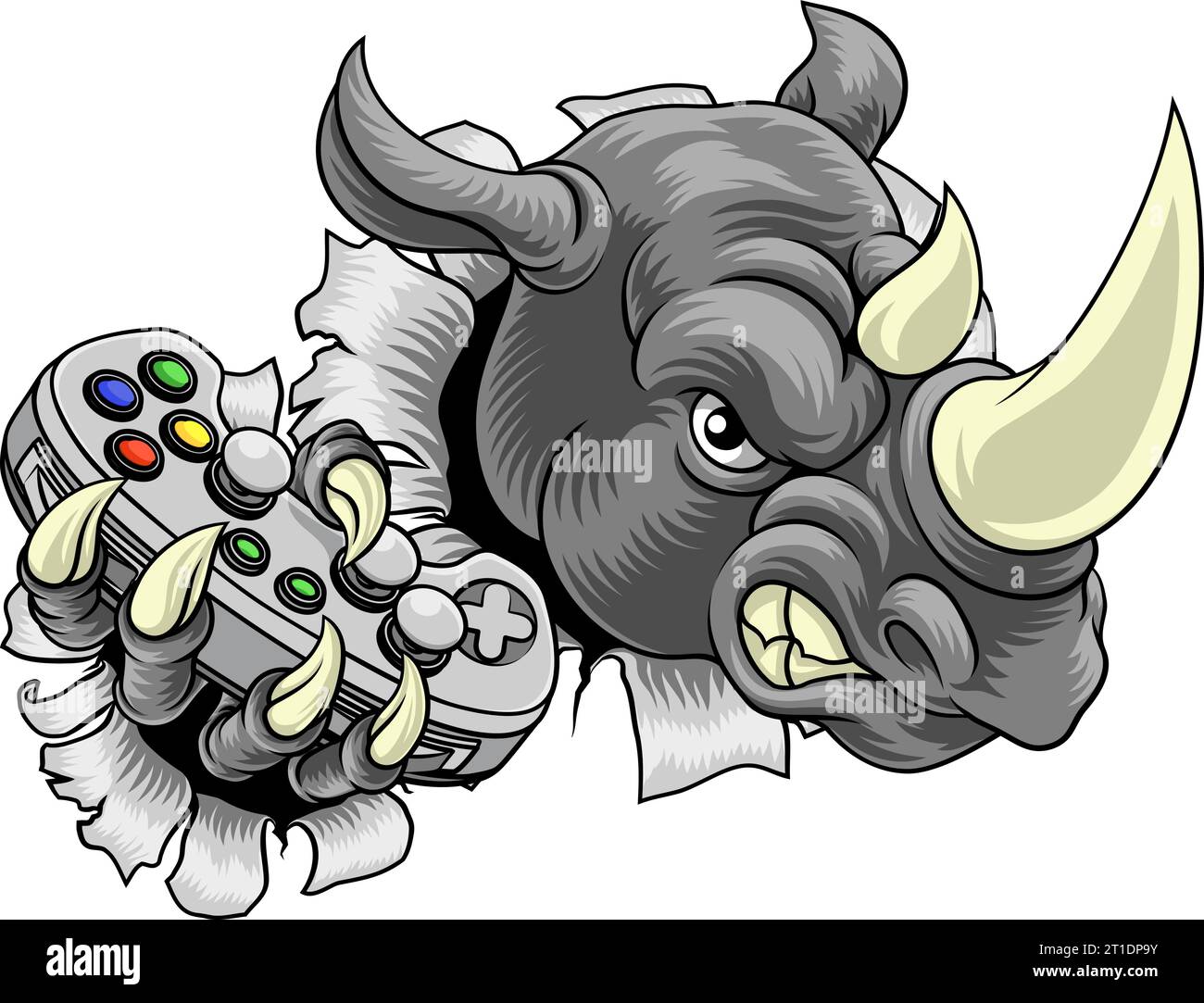 Rhino Rhinoceros Gamer Gaming Cartoon Mascot Illustrazione Vettoriale