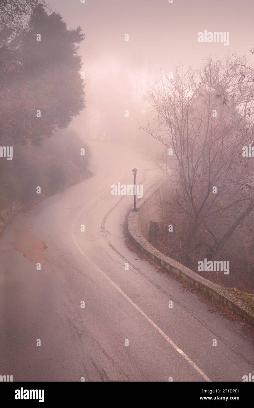 Curvatura stradale da sogno con luce eterea e bassa nebbia mattutina, nella regione montuosa di Agrafa, nella Grecia centrale, in Europa. Foto Stock