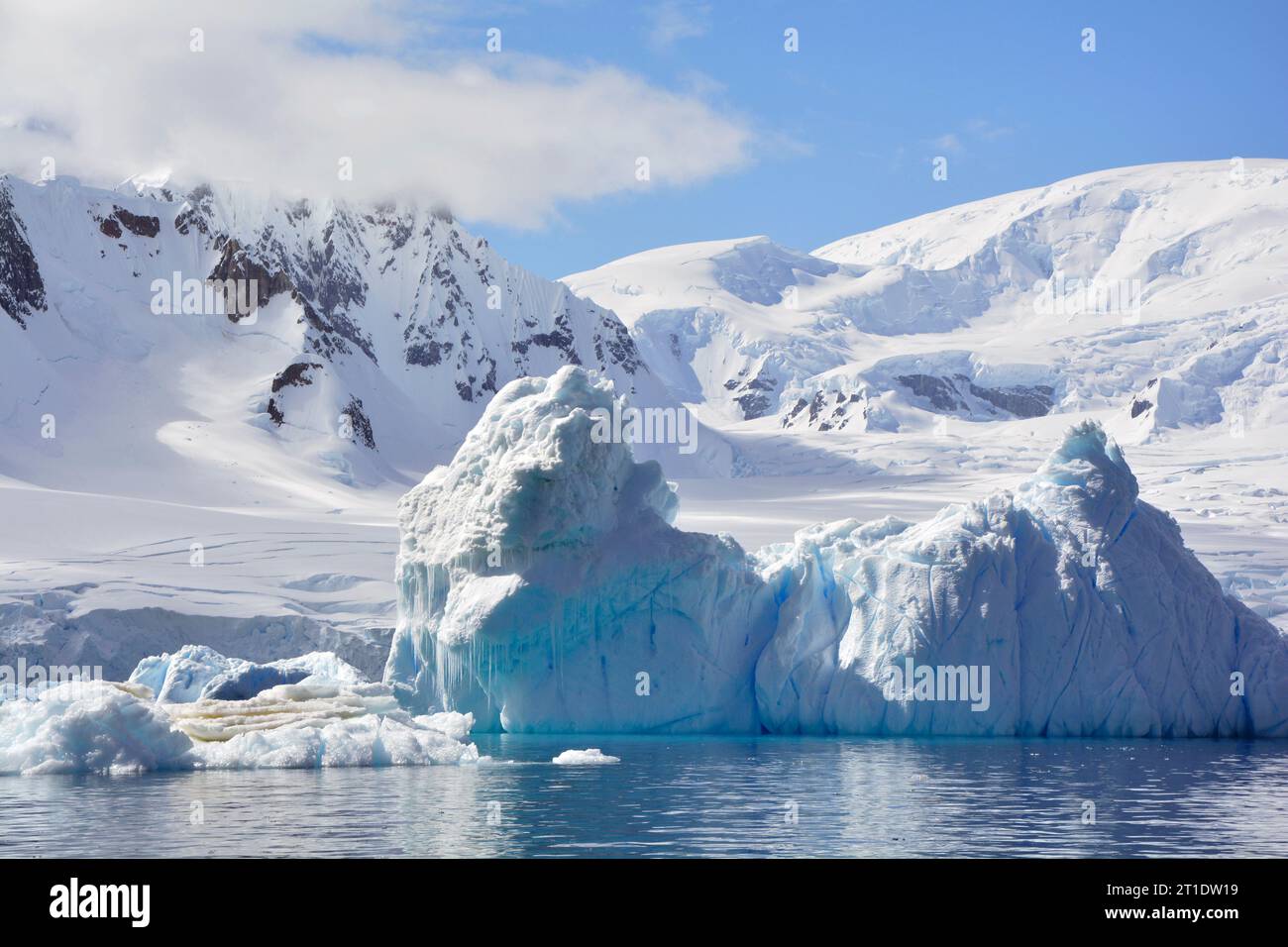Antartide; Penisola Antartica a Yalour Island; montagne innevate e ghiacciai; luminoso iceberg turchese Foto Stock
