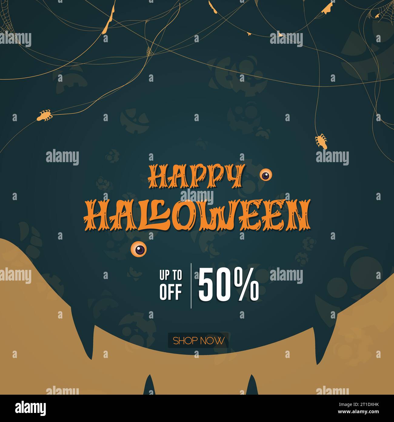 Promozione Happy Halloween con poster e nido di ragno con illustrazione vettoriale con sfondo blu. Illustrazione Vettoriale