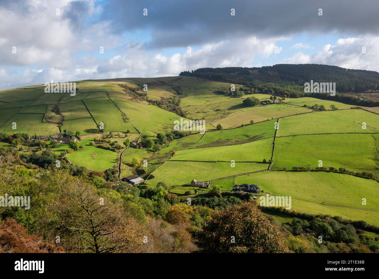 Splendida campagna sulle colline del Cheshire vicino a Macclesfield. Vista dalla campagna di Teggs Nose in una giornata di sole in tarda estate. Foto Stock