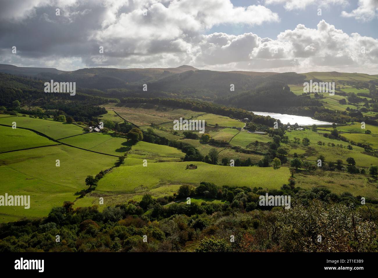 Foresta di Macclesfield e Shutlingsloe vista dal parco di campagna di Teggs Nose vicino a Macclesfield, Cheshire, Inghilterra. Foto Stock