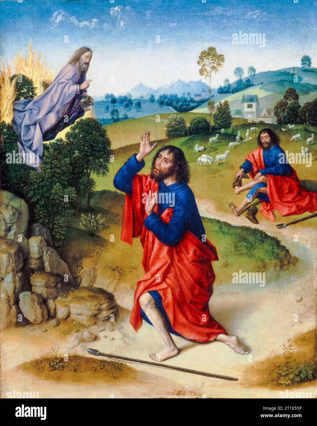Mosè e il cespuglio ardente con Mosè che rimuove le sue scarpe, dipinto ad olio su tavola di Dieric Bouts, circa 1465 Foto Stock