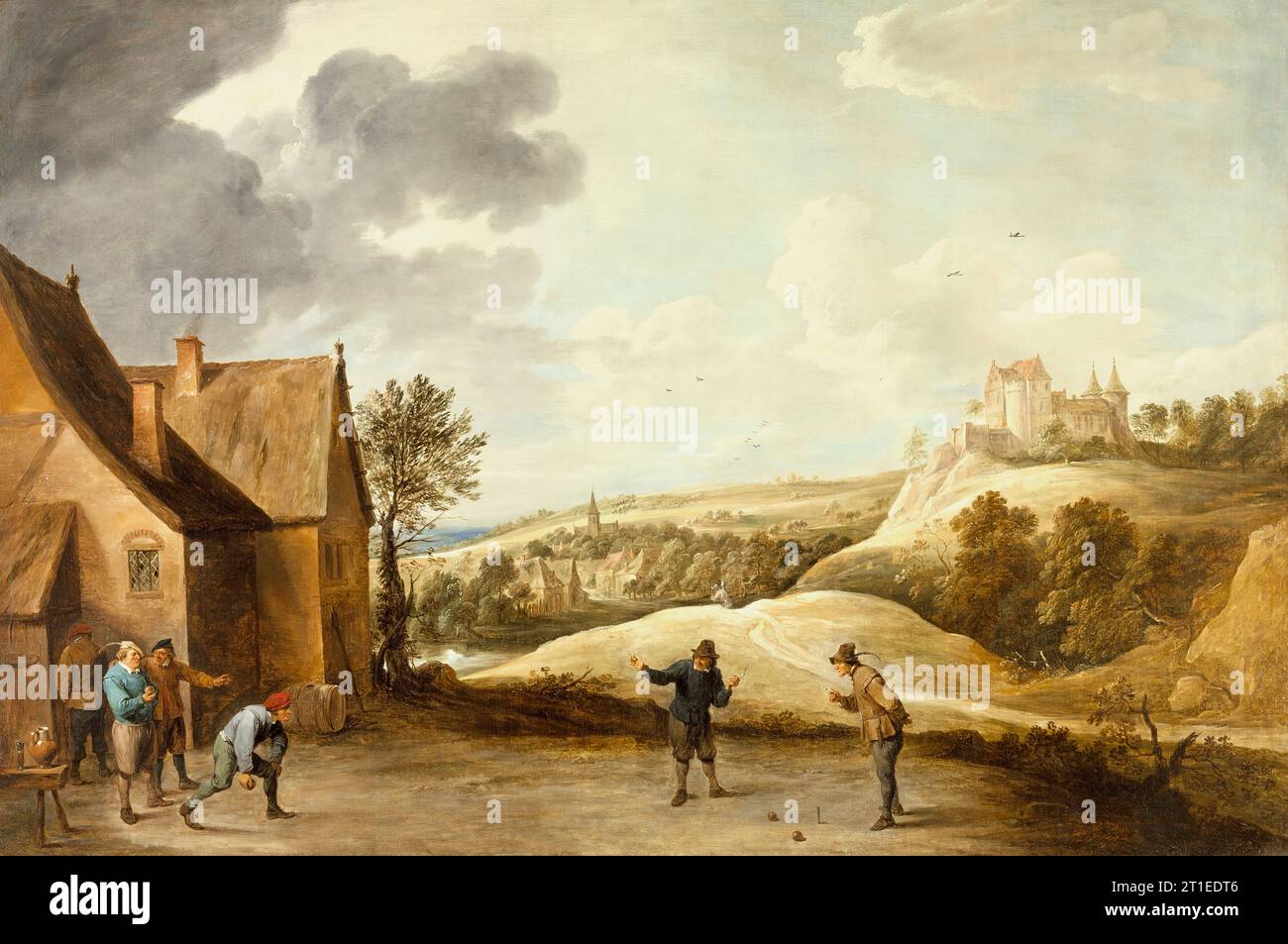 Paesaggio con contadini che giocano a bowling all'esterno di una locanda, c1660. Foto Stock