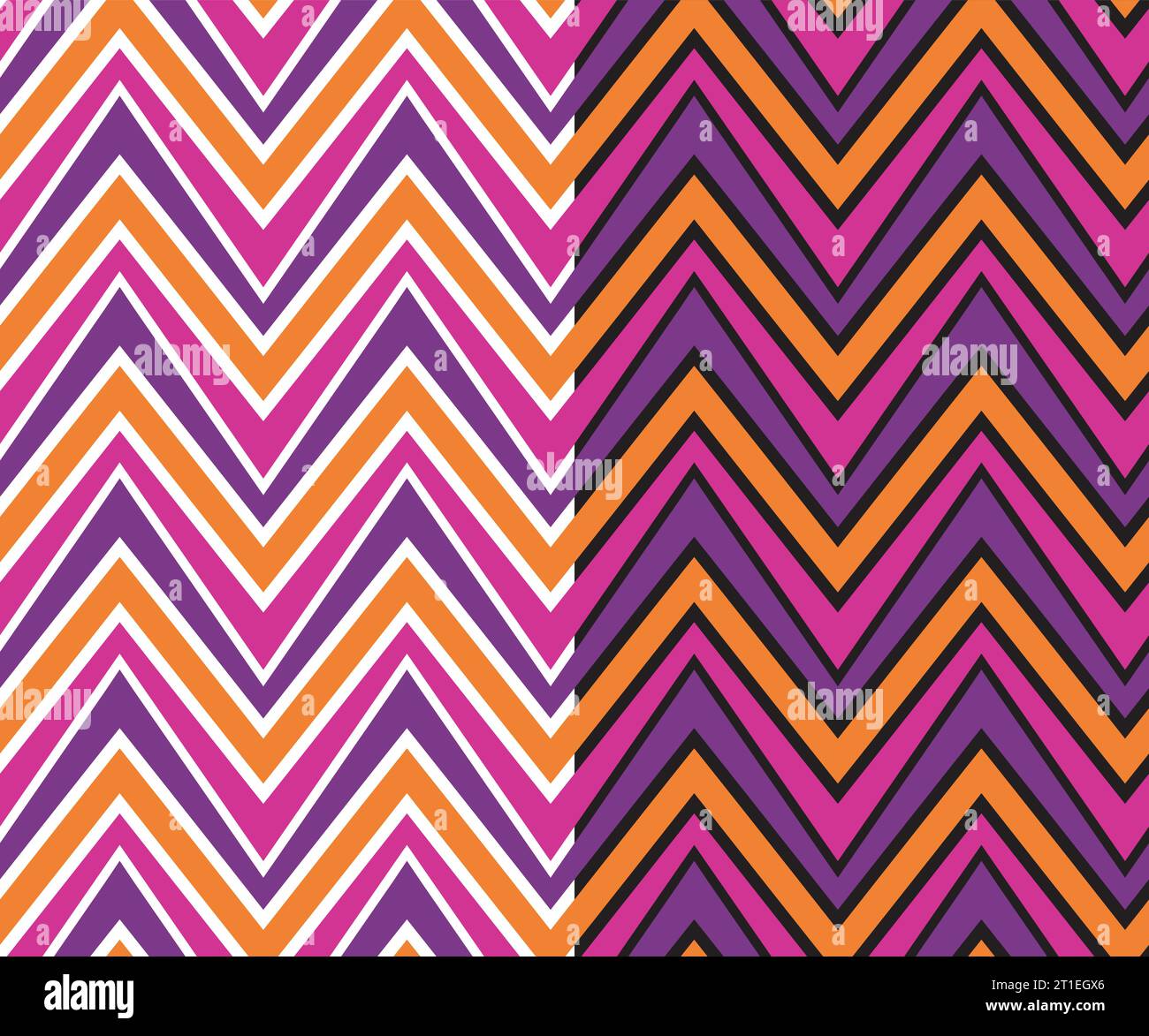 Campione geometrico motivo chevron senza cuciture, stile hipster anni '70, forma a triangolo, strisce astratte a zigzag, tavolozza di colori viola e lilla arancione Illustrazione Vettoriale