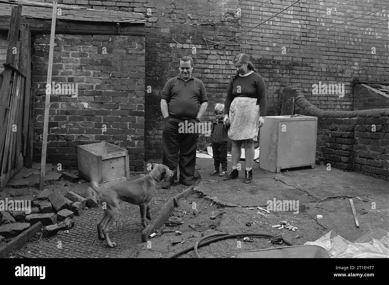 La famiglia con il loro cane, si trovava nel cortile della loro casa a schiera durante l'evacuazione dei baraccopoli e la demolizione di St Ann's, Nottingham. 1969-1972. Foto Stock