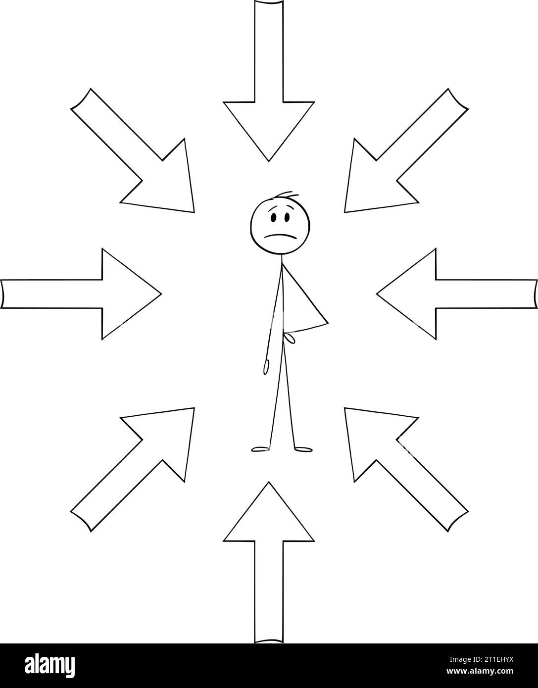 Frecce che puntano o puntano verso la persona infelice, illustrazione della figura del Cartoon Stick Vector Illustrazione Vettoriale