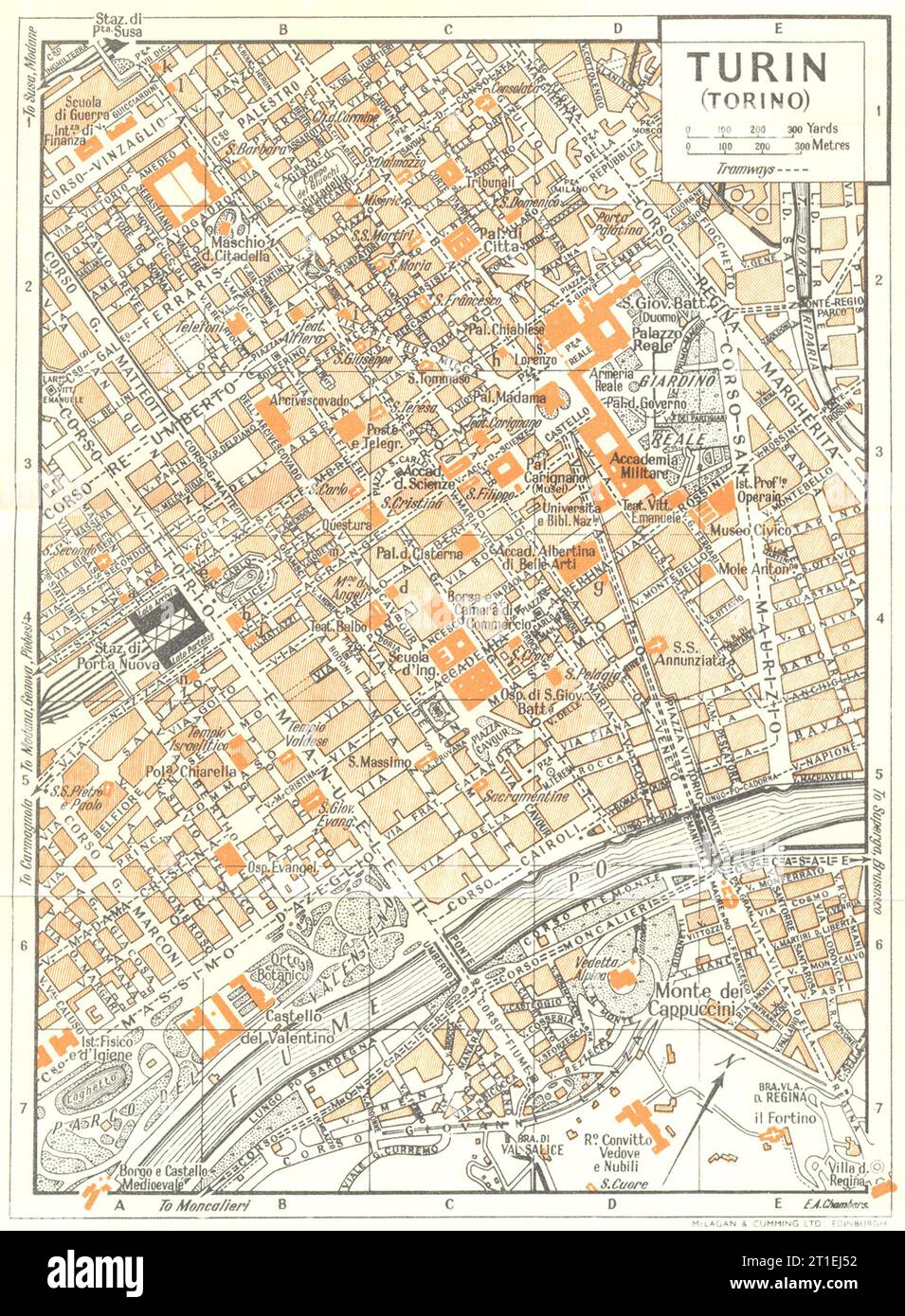 Piano città DI TORINO. Torino. Italia 1953 vecchia mappa d'epoca Foto Stock