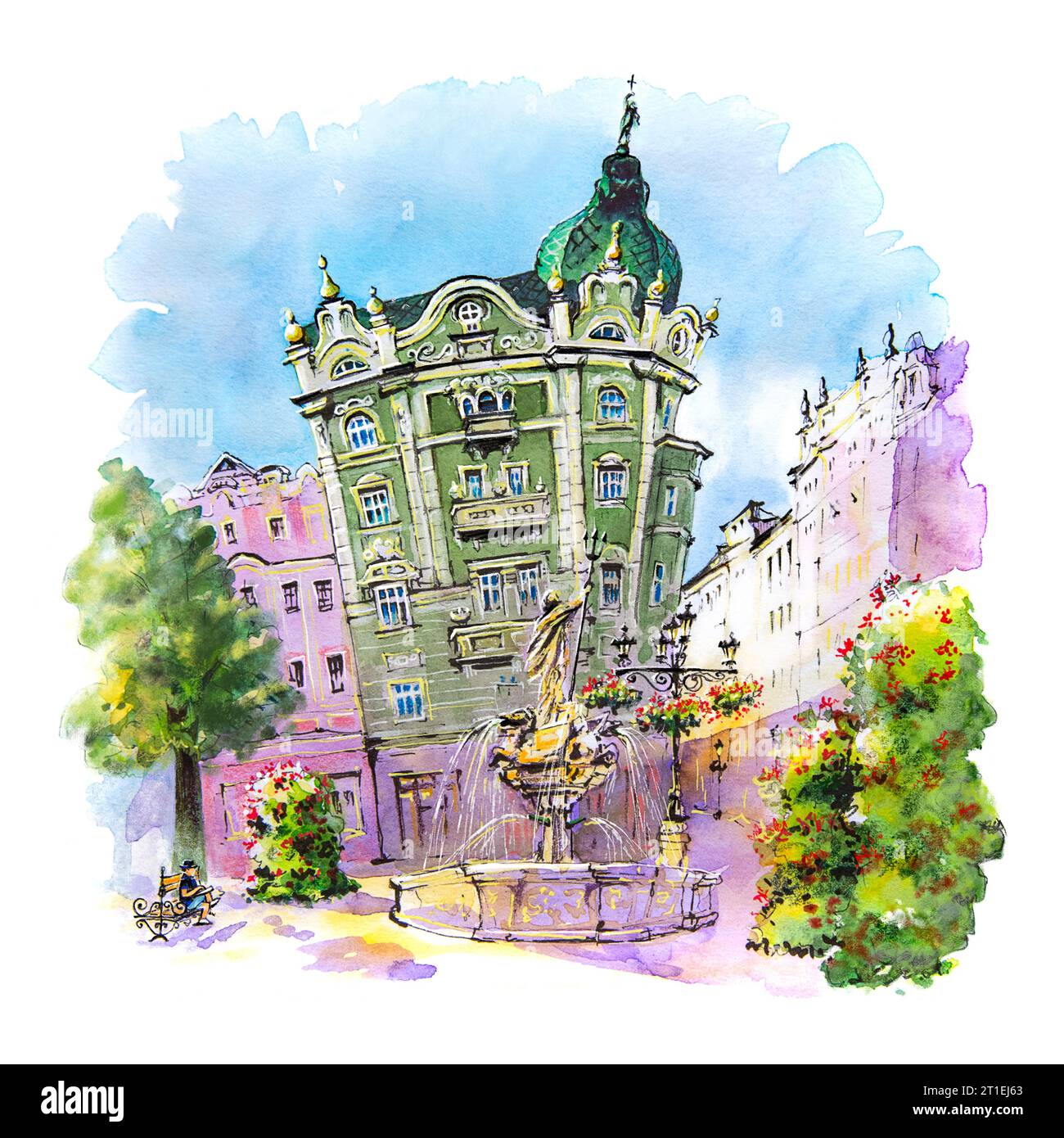 Acquerello della piazza del mercato di Swidnica nel centro storico di Swidnica, Slesia, Polonia. Foto Stock