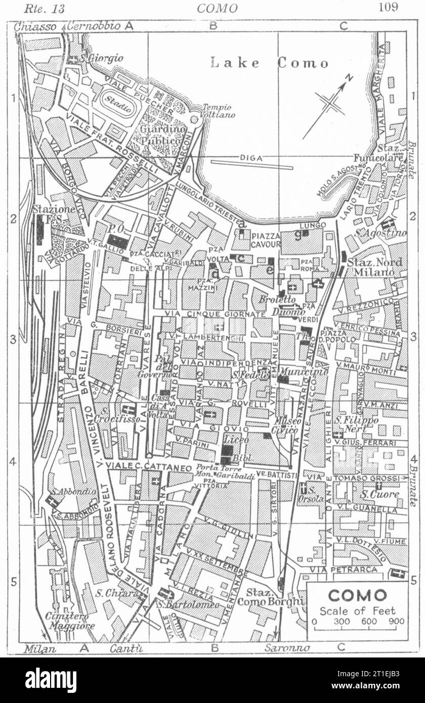 Piano città DI COMO. Italia 1953 vecchia mappa d'epoca Foto Stock