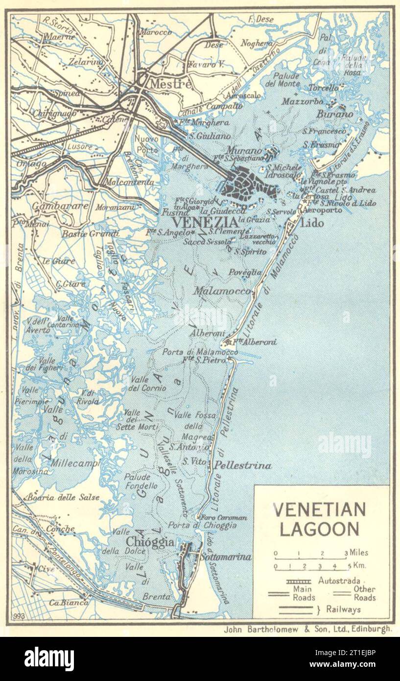 Laguna veneziana. Laguna Veneta. Venezia. Venezia 1953 vecchia mappa d'epoca Foto Stock