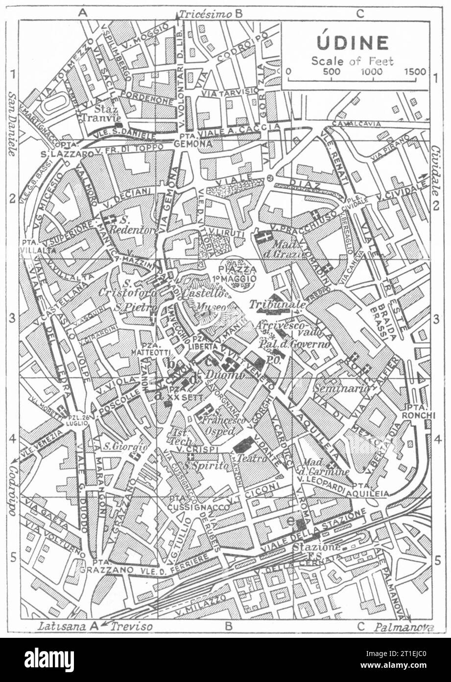 Pianta della città DI UDINE. Italia 1953 vecchia mappa d'epoca Foto Stock