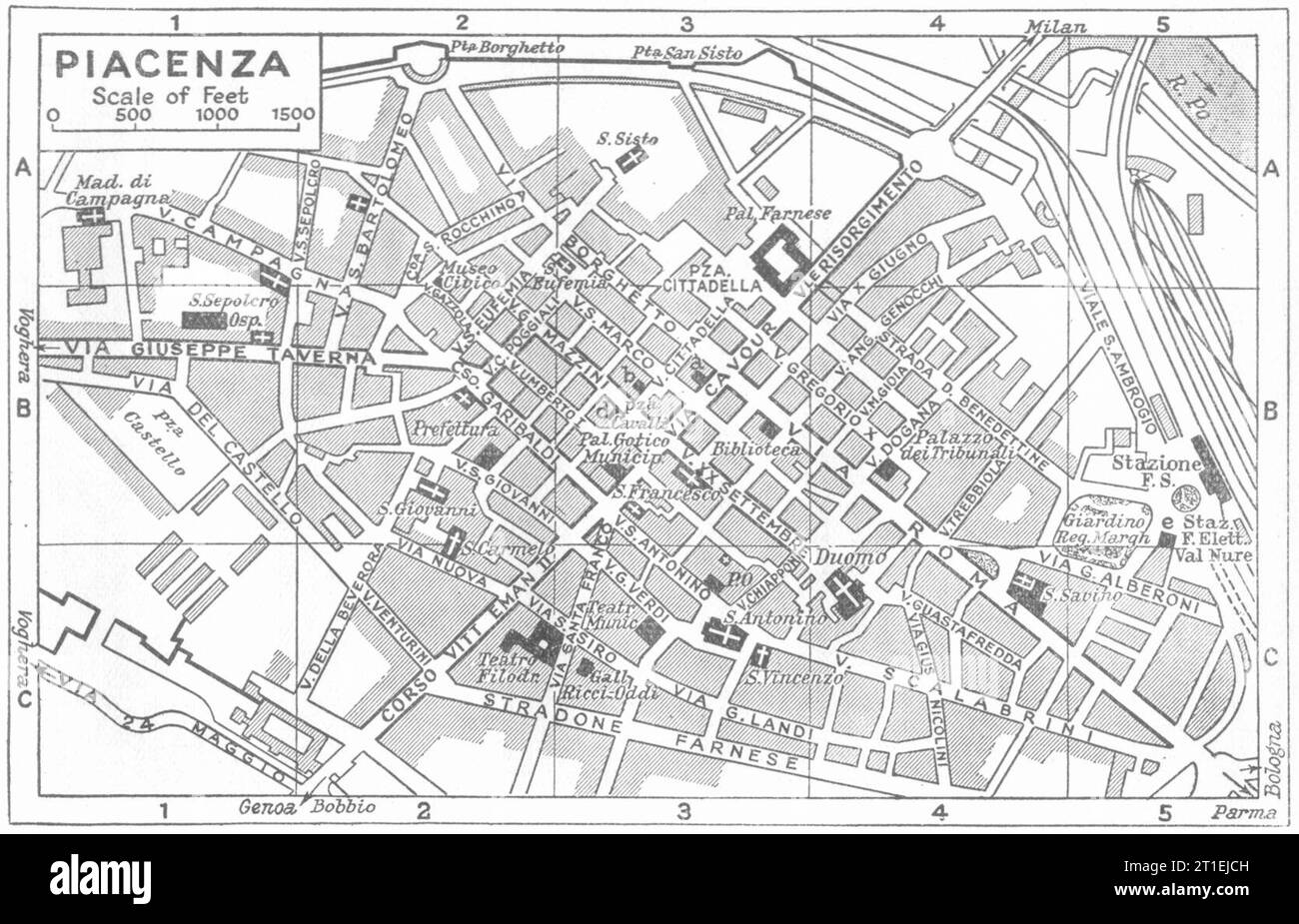 Piano città DI PIACENZA. Italia 1953 vecchia mappa d'epoca Foto Stock