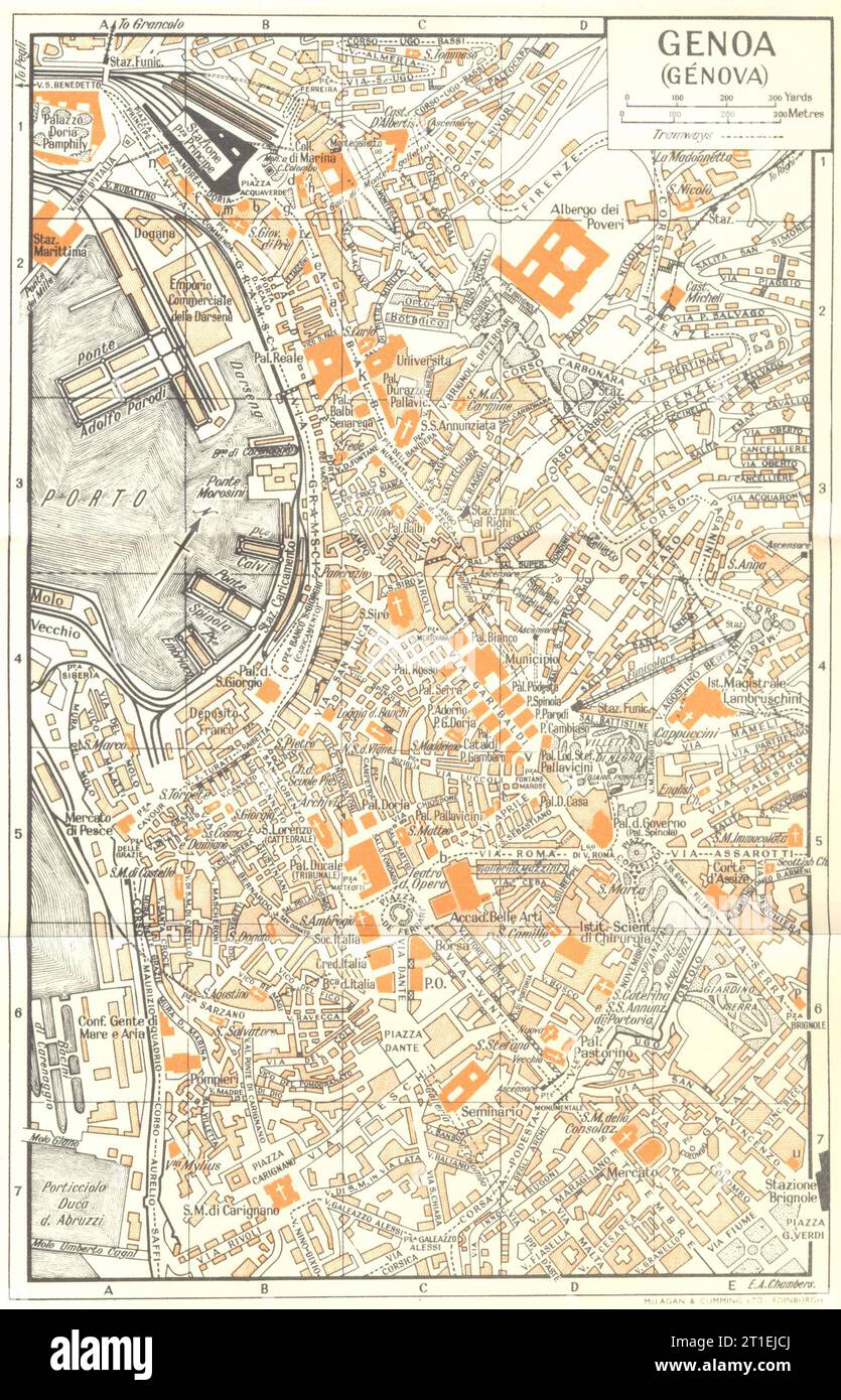 Piano città DI GENOVA. Genova. Italia 1953 vecchia mappa d'epoca Foto Stock