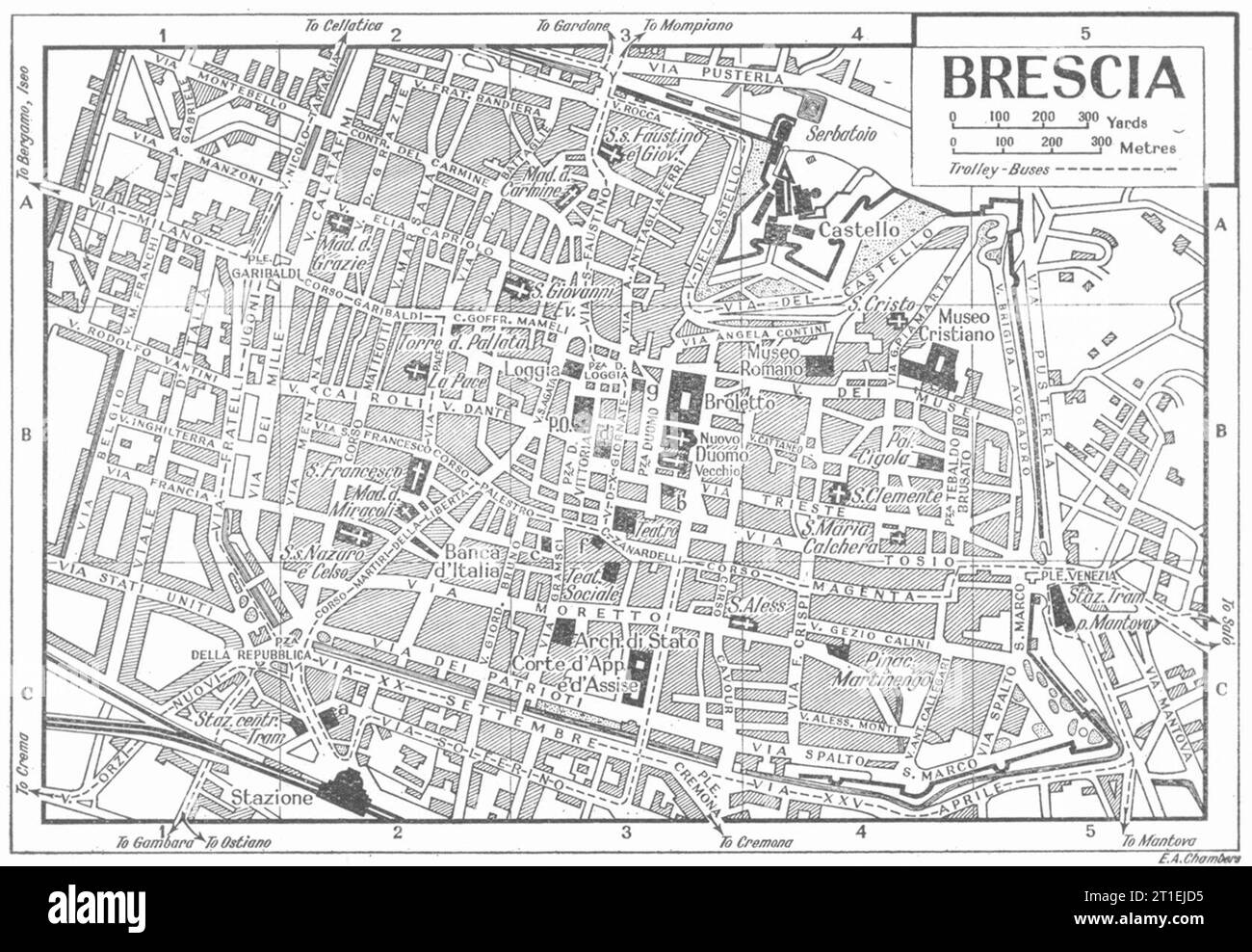 Città DI BRESCIA. Italia 1953 vecchia mappa d'epoca Foto Stock