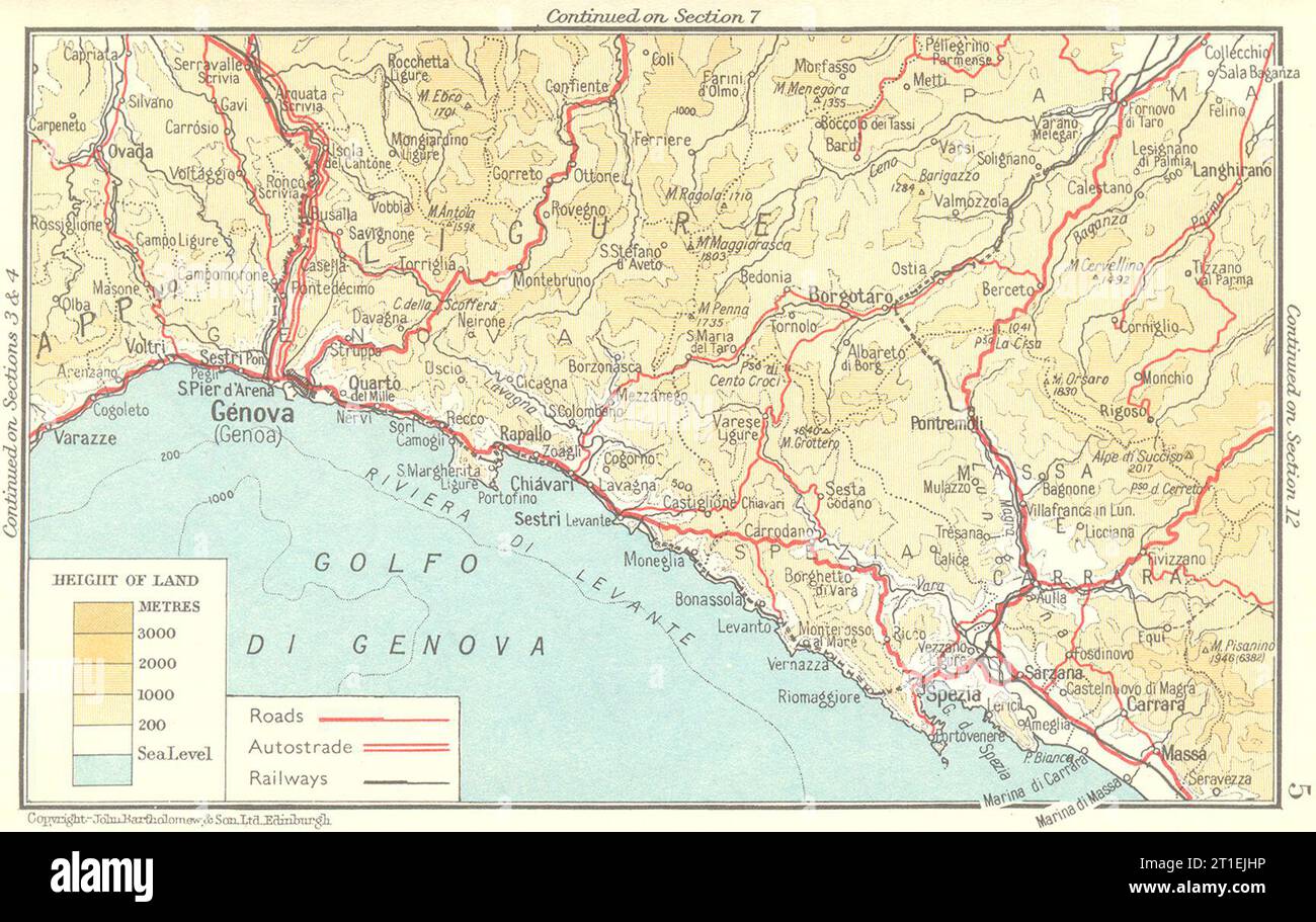 Riviera di Levante. Genova/Genova-la Spezia 1953 vecchia mappa d'epoca Foto Stock