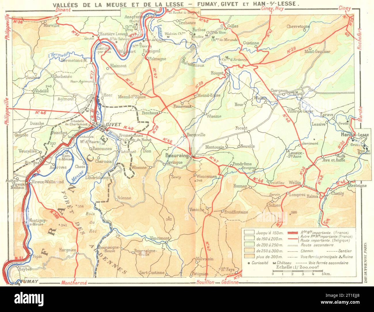 MEUSE. Vallees de lesse-Fumay, Givet Han-S 1953 vecchia mappa d'epoca Foto Stock