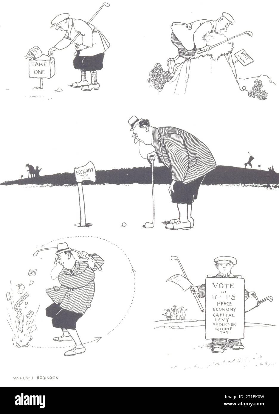 CARTONI ANIMATI HEATH ROBINSON GOLF. Propaganda per assicurare il golf votate 1975 stampa Foto Stock