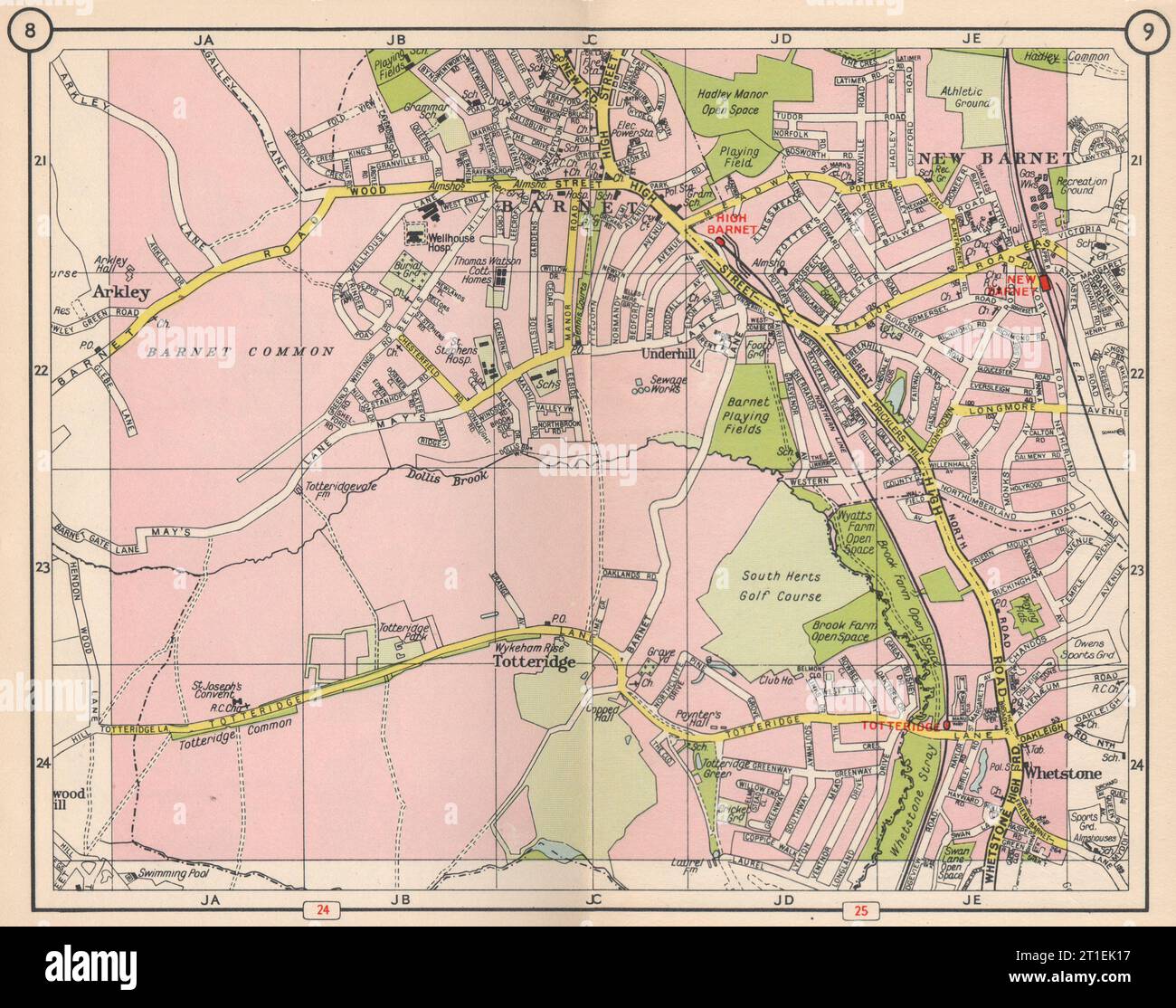 N LONDON. New Barnet High Barnet Arkley Totteridge Whetstone 1953 vecchia mappa Foto Stock