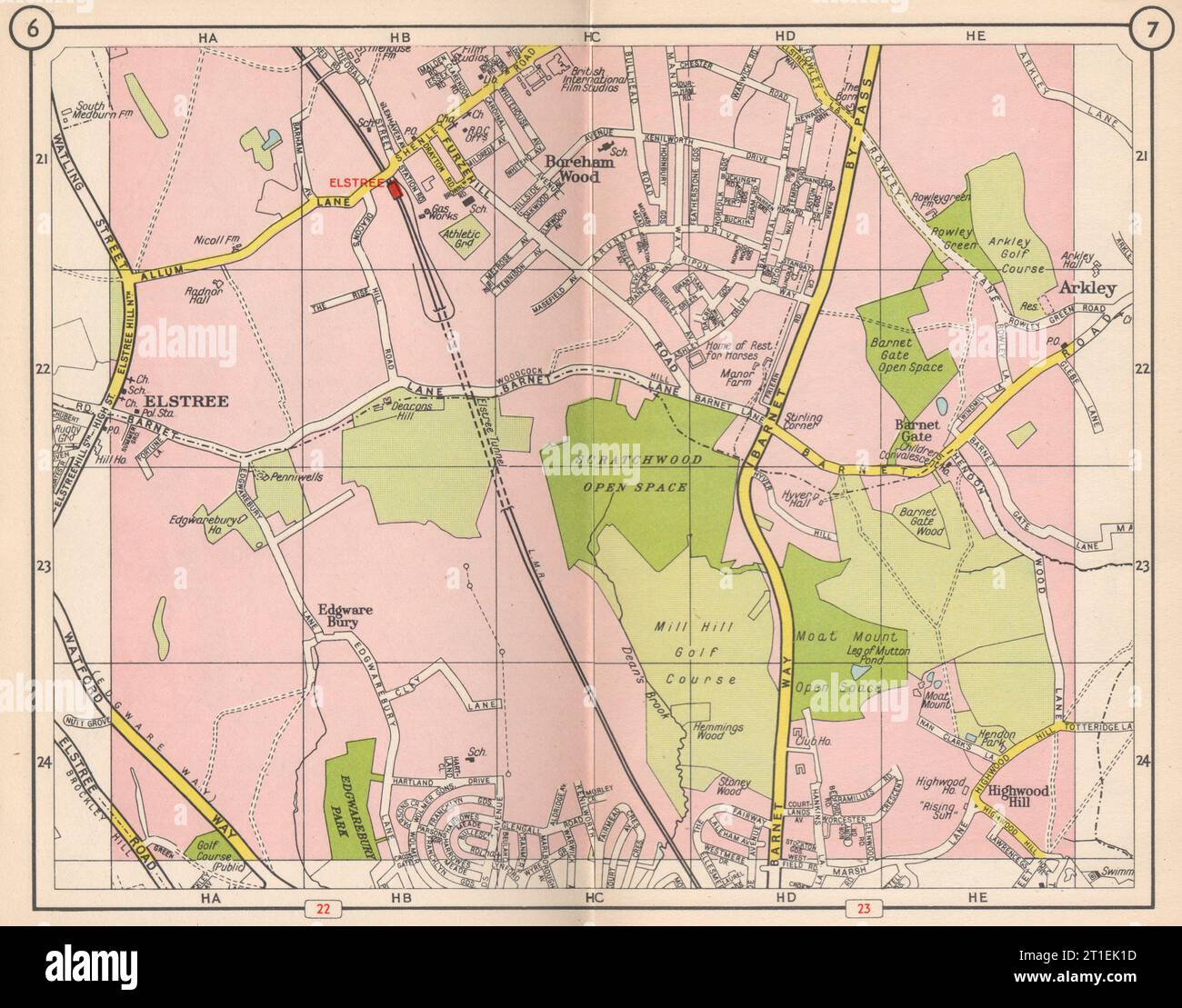 NW LONDON. Elstree Borehamwood Edgwarebury Barnet Gate Highwood Hill 1953 mappa Foto Stock