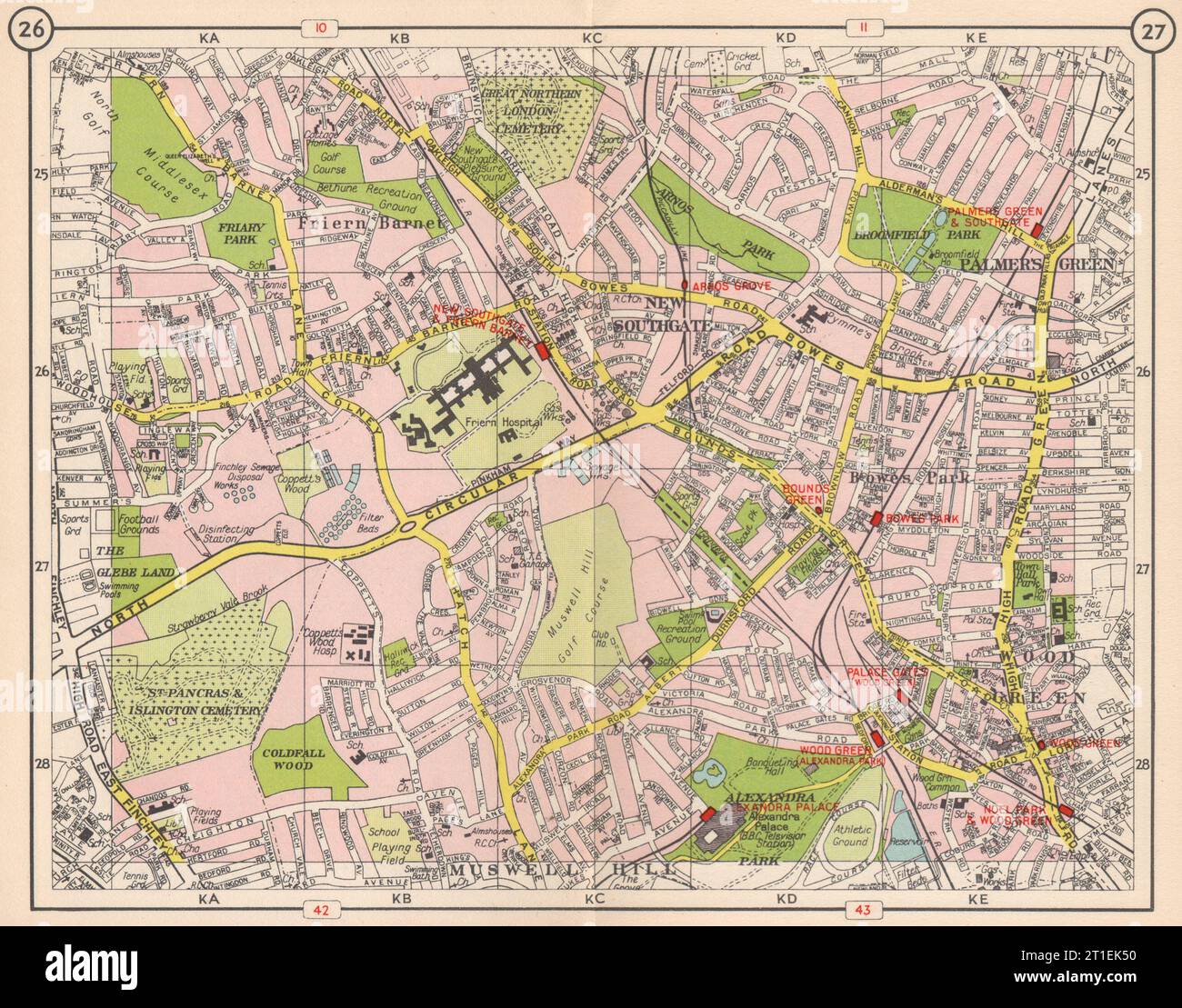 N LONDON. Southgate Friern Barnet Palmer's Green Bowes Park Wood Green 1953 mappa Foto Stock