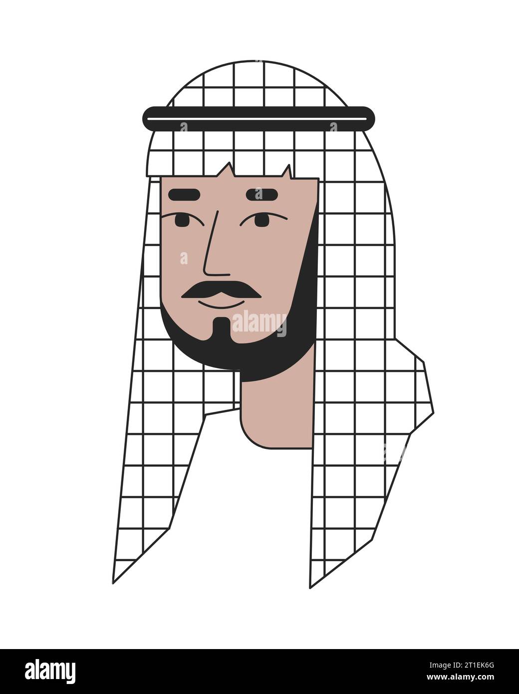Uomo saudita barbuto che indossa la testa del personaggio dei cartoni animati lineari 2D keffiyeh Illustrazione Vettoriale