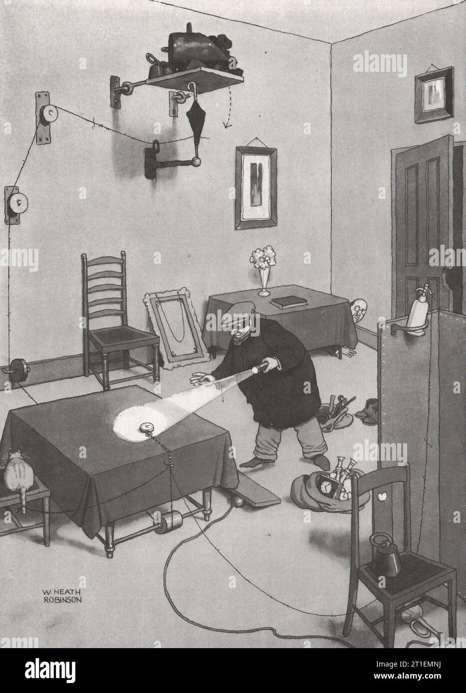 HEATH ROBINSON. Una sorpresa per Cat Burglar. Vecchia stampa domestica del 1973 Foto Stock