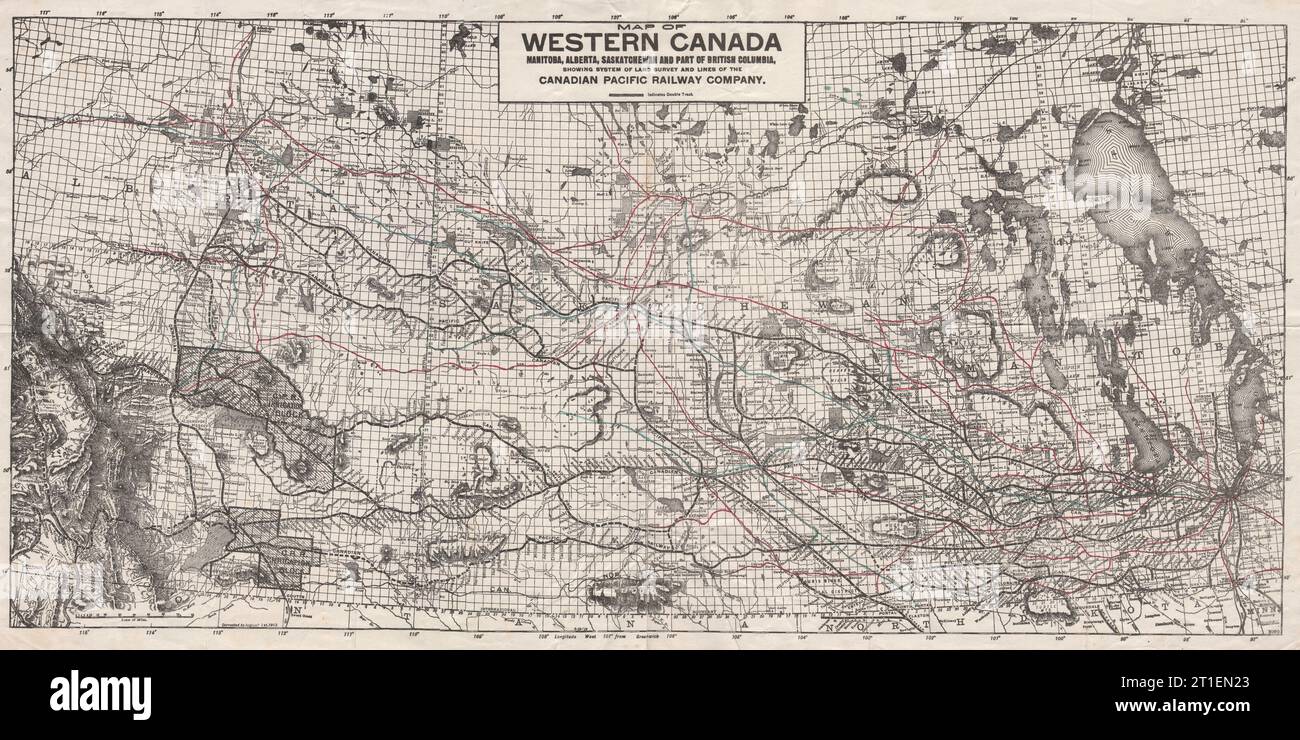 CANADA occidentale che mostra le linee della Canadian Pacific Railway 1913 vecchia mappa antica Foto Stock