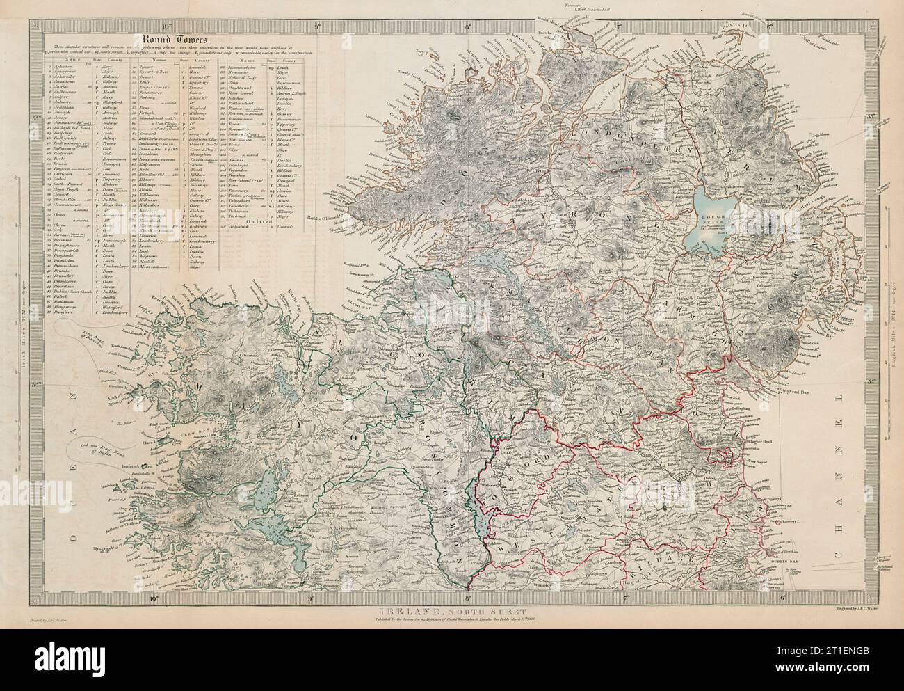 IRLANDA North Sheet. Cloigtheach Cloigthithe. Elenco delle torri rotonde SDUK 1844 mappa Foto Stock