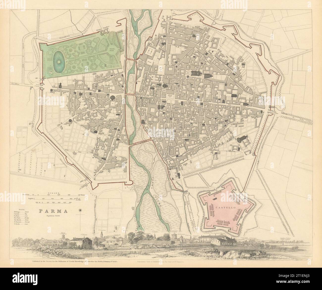 PARMA antica città mappa e panorama Parme SDUK 1844 Old Foto Stock