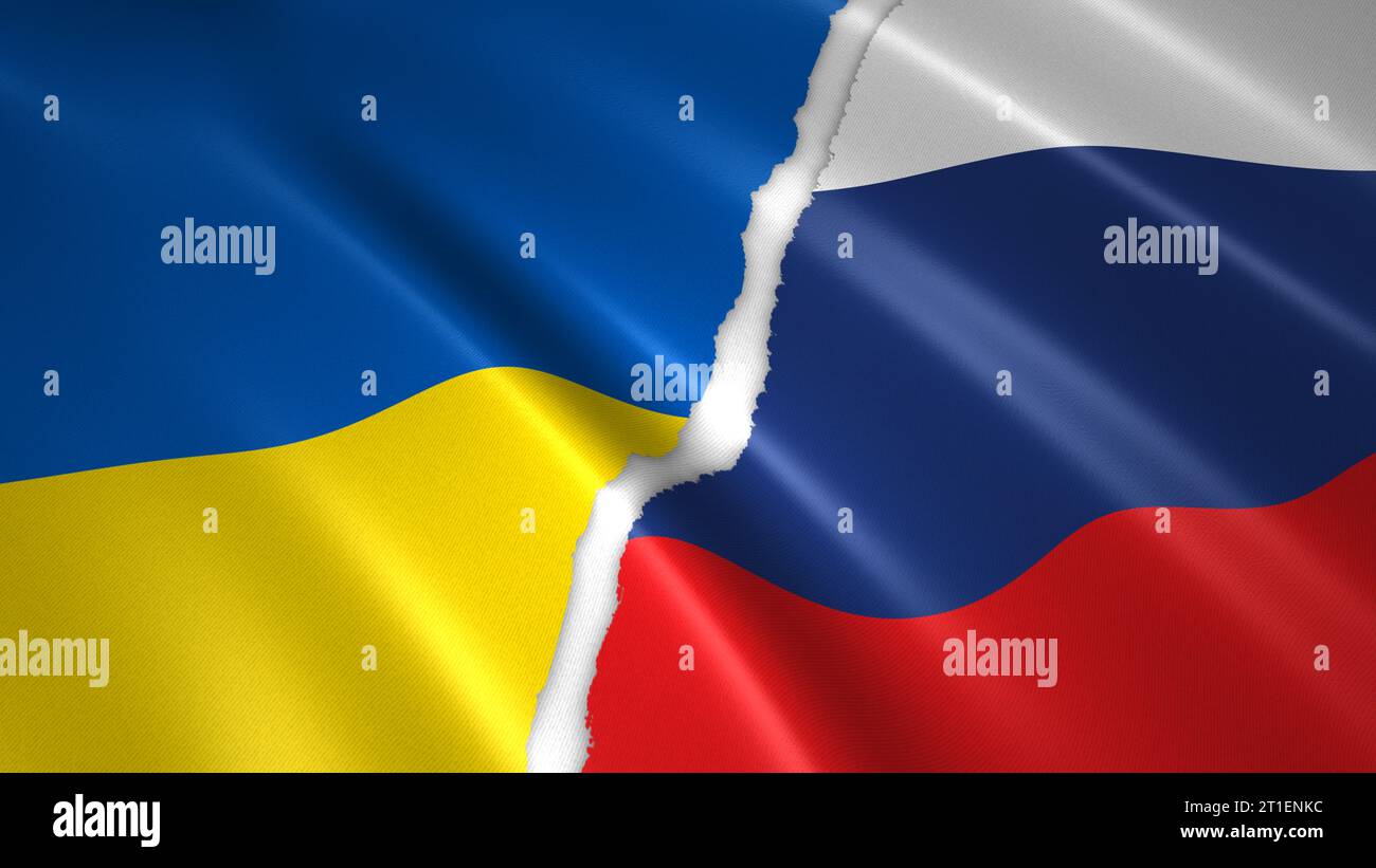 Illustrazione 3D di una bandiera russa/unkrainan lacerata, simbolo della guerra tra Russia e Ucraina Foto Stock
