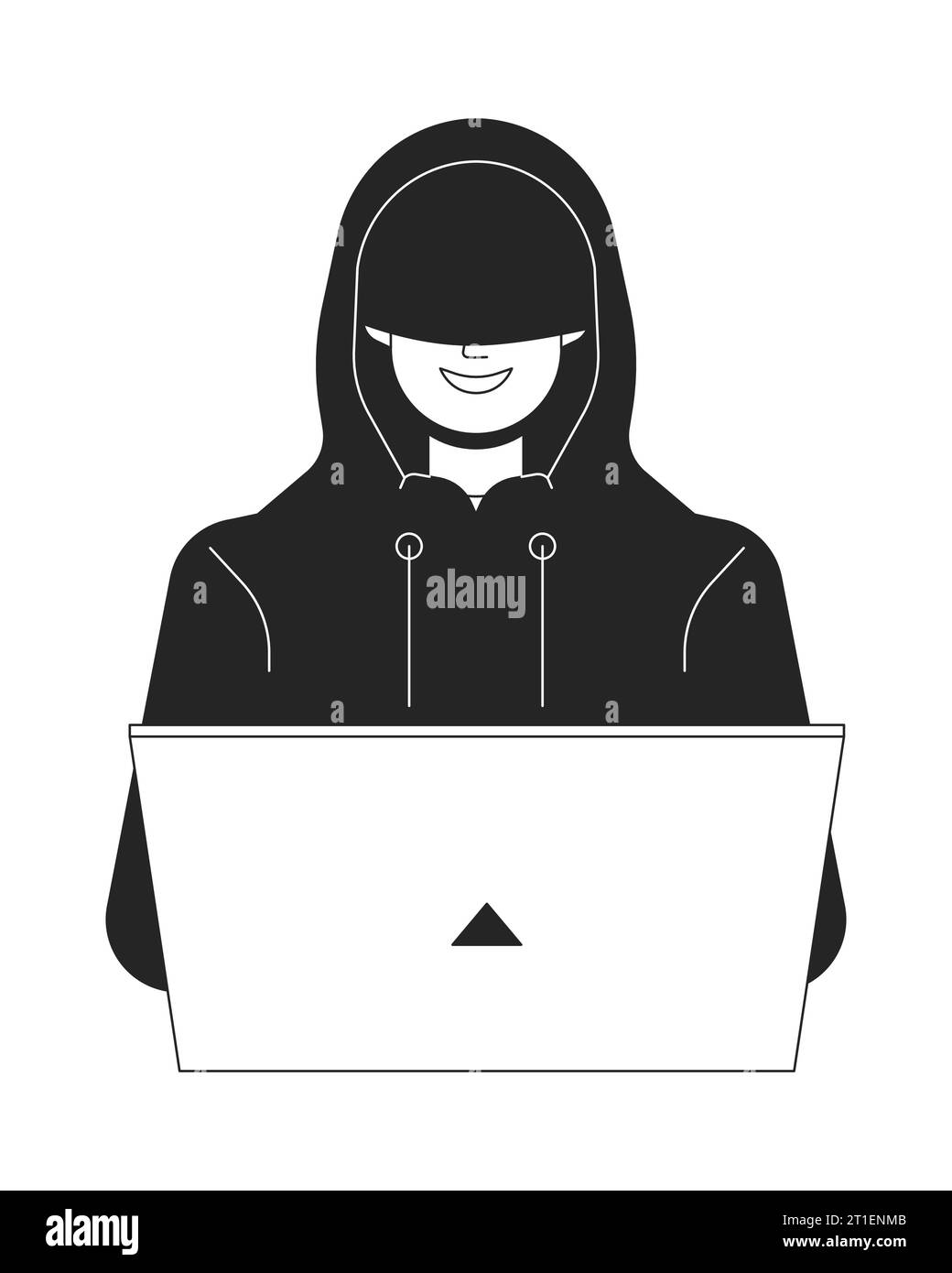 Hacker nel cofano sorridente carattere vettoriale bianco e nero con linea piatta Illustrazione Vettoriale