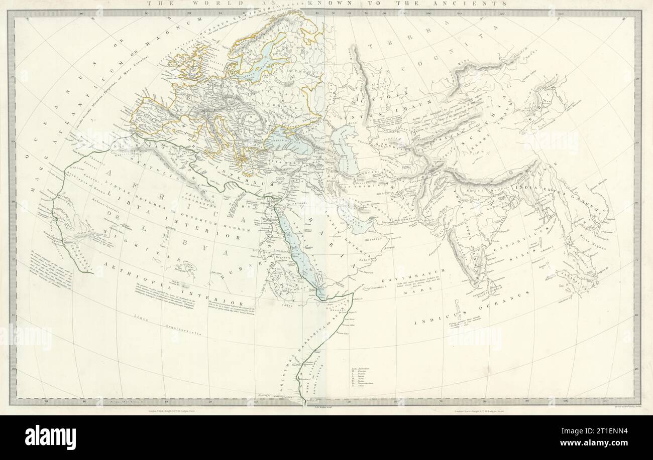 IL MONDO CONOSCIUTO DAGLI ANTICHI. Erodoto Tolomeo Plinio hanno. Vecchia mappa SDUK 1844 Foto Stock