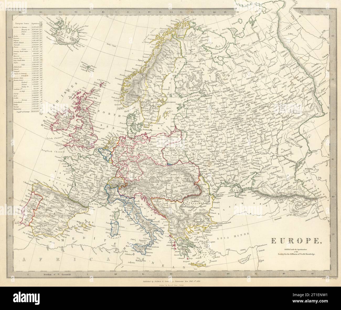 L'Europa. Mappa generale. Riquadro tabella di popolazione e la densità del paese . SDUK 1844 Foto Stock