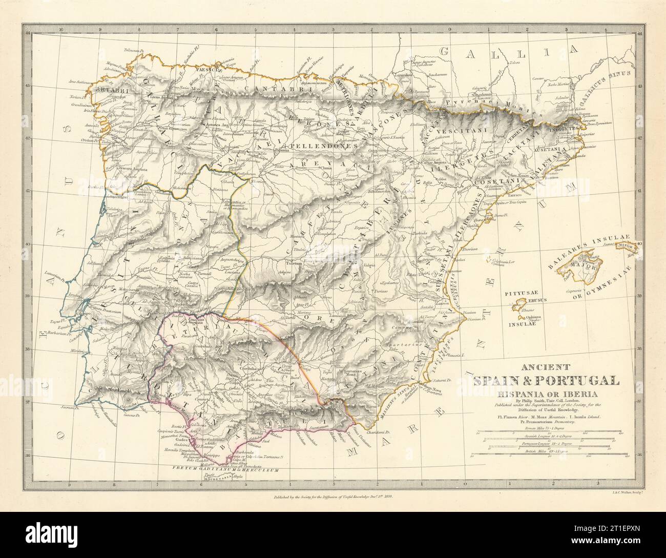 ISPANIA IBERIA. Spagna antica e Portogallo. Nomi e strade romane. Mappa SDUK 1844 Foto Stock