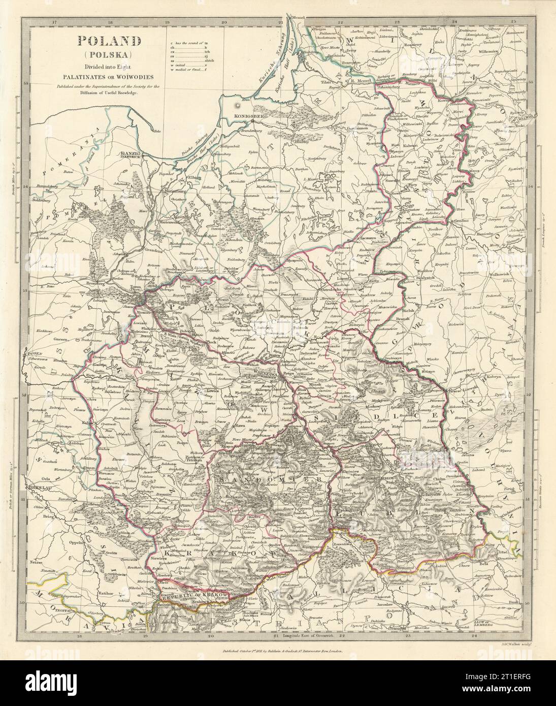 POLAND POLSKA.Palatinates Woiwodies.Mazow Cracovia Plock Kalisz &c.SDUK 1844 map Foto Stock