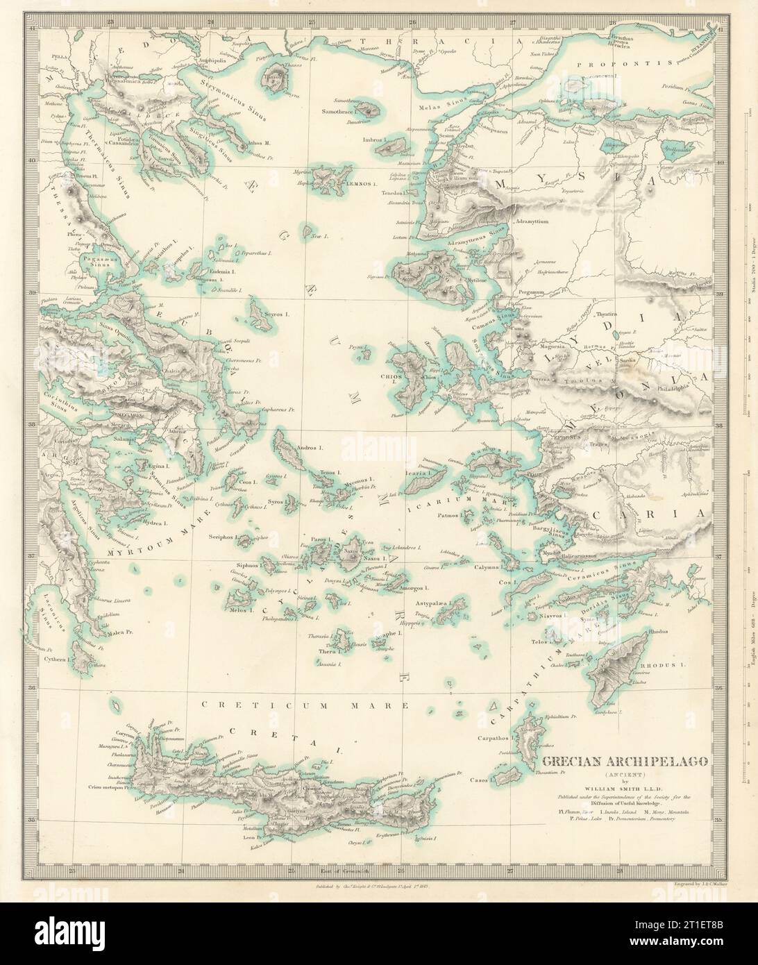 ARCIPELAGO GRECO ANCIENT.Egeo Cicladi Creta Creta Creta Dodecaneso.SDUK 1844 mappa Foto Stock
