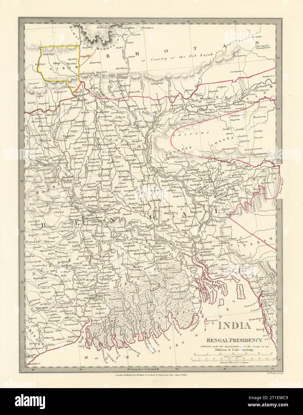 BENGALA BANGLADESH. Chittagong (Chotogram) Sikim Sikkim Bhutan. Mappa SDUK 1844 Foto Stock